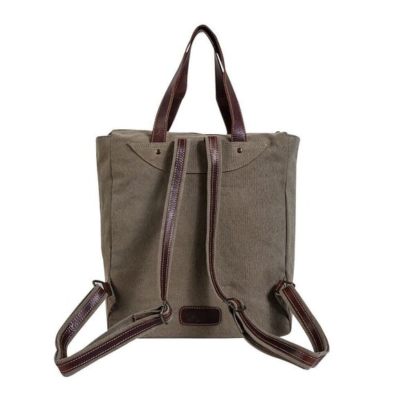 Myra Bag Handmade Yesteryear Backpack Upcycled Canvas & Cowhide Leather - Picture 5 of 7